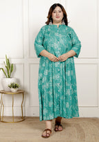 Plus Size Rama Green Cotton Blend  Goldn Print  Aline Kurta-4100062