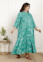 Plus Size Rama Green Cotton Blend  Goldn Print  Aline Kurta-4100062