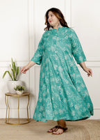 Plus Size Rama Green Cotton Blend  Goldn Print  Aline Kurta-4100062