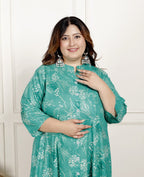 Plus Size Rama Green Cotton Blend  Goldn Print  Aline Kurta-4100062