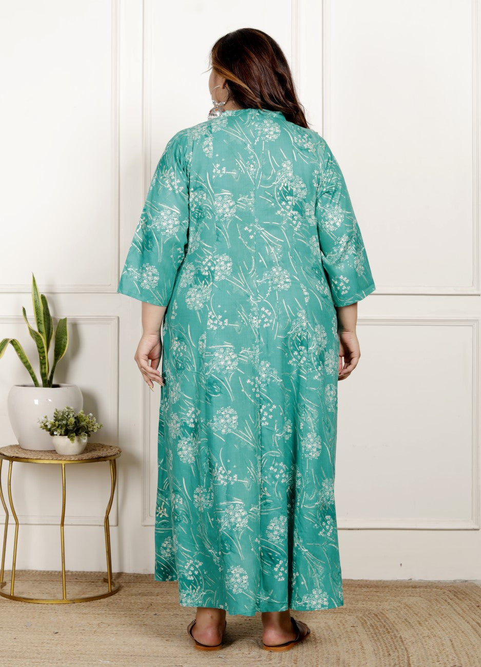 Plus Size Rama Green Cotton Blend  Goldn Print  Aline Kurta-4100062