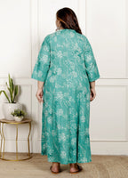 Plus Size Rama Green Cotton Blend  Goldn Print  Aline Kurta-4100062