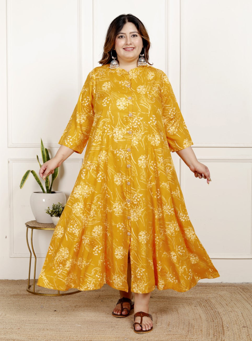 Plus Size Yellow Cotton Blend  Goldn Print  Aline Kurta-4100063