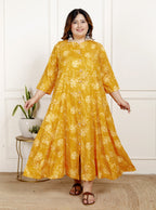 Plus Size Yellow Cotton Blend  Goldn Print  Aline Kurta-4100063