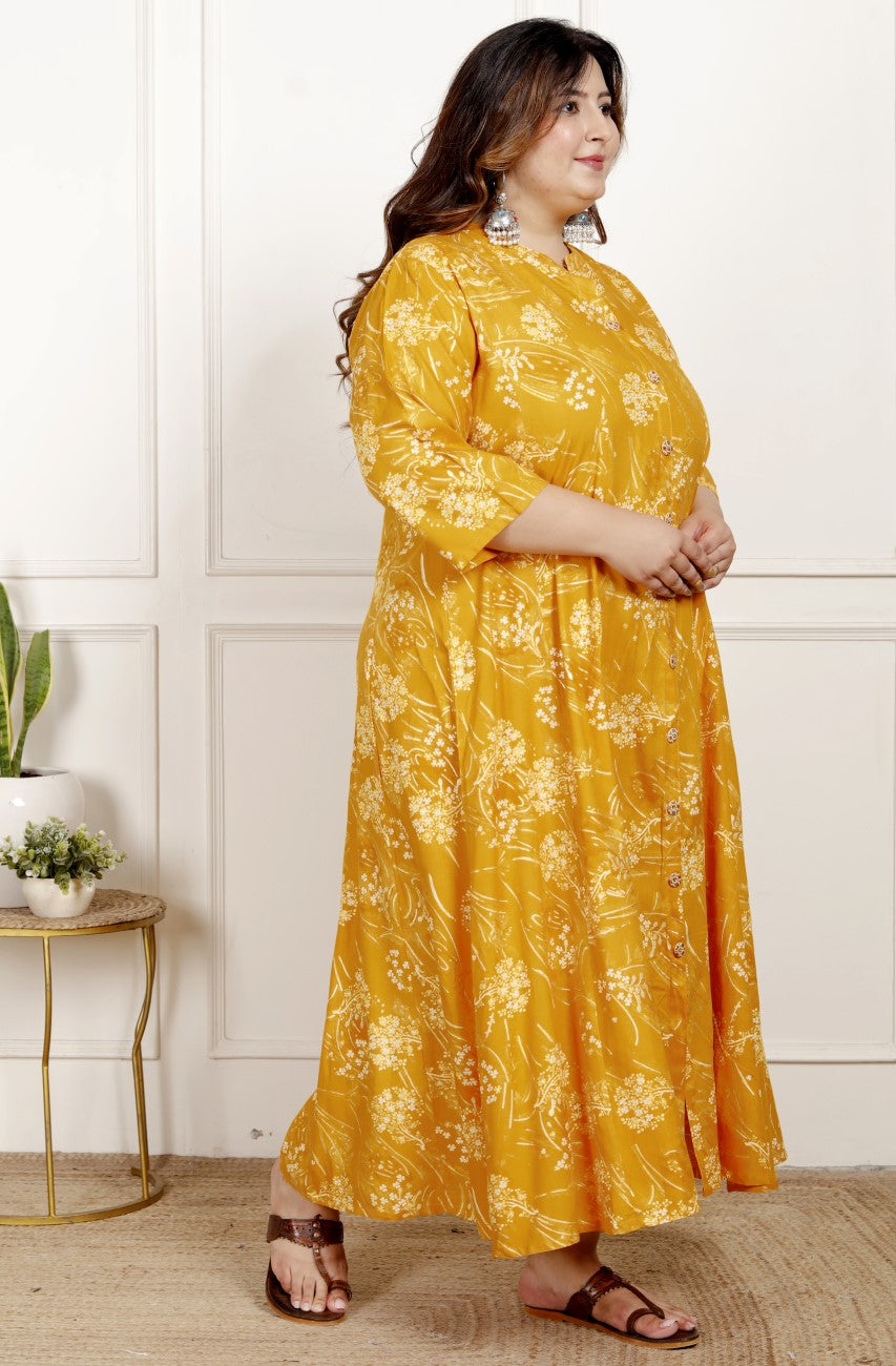 Plus Size Yellow Cotton Blend  Goldn Print  Aline Kurta-4100063