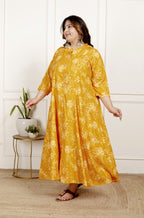 Plus Size Yellow Cotton Blend  Goldn Print  Aline Kurta-4100063