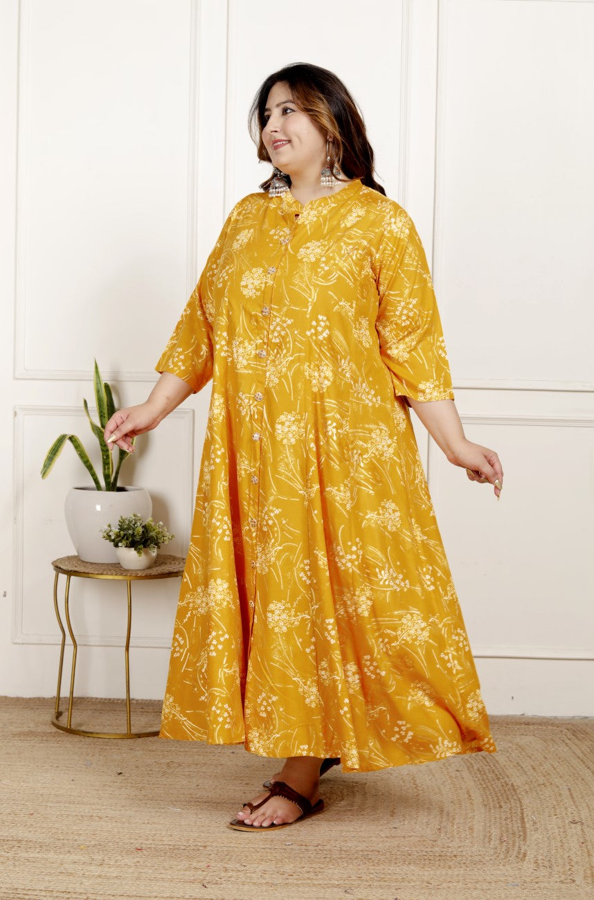 Plus Size Yellow Cotton Blend  Goldn Print  Aline Kurta-4100063
