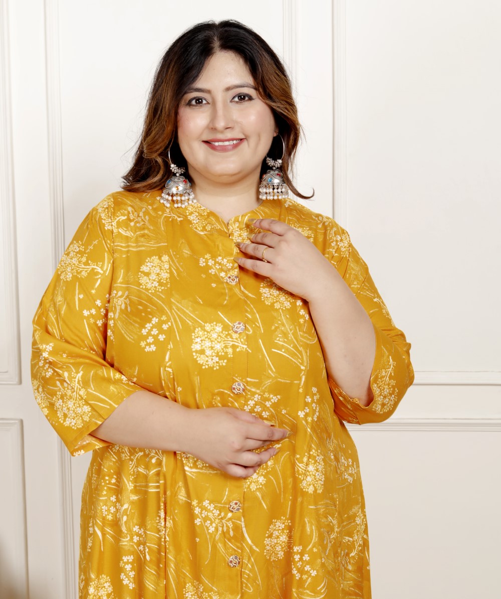 Plus Size Yellow Cotton Blend  Goldn Print  Aline Kurta-4100063