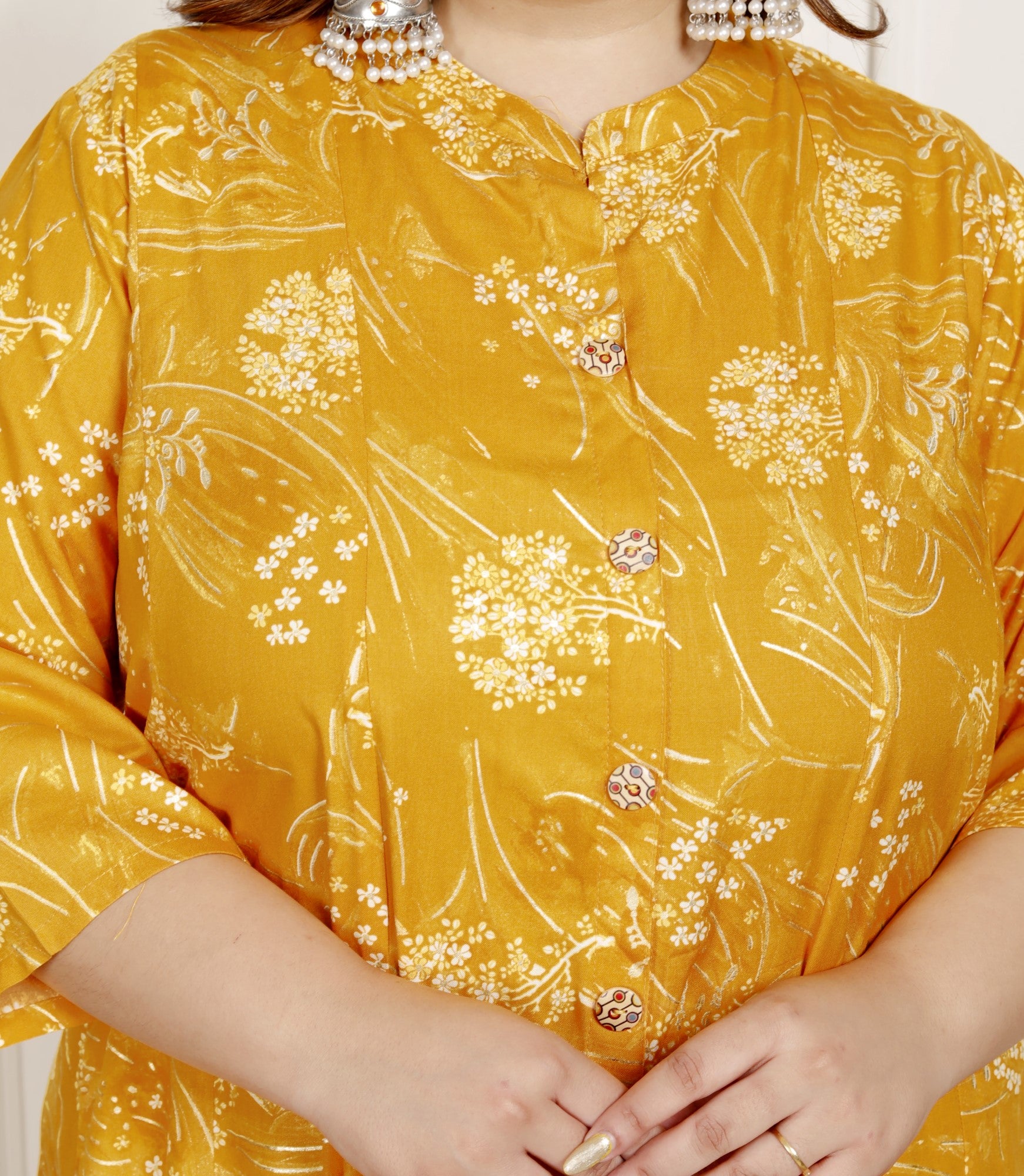 Plus Size Yellow Cotton Blend  Goldn Print  Aline Kurta-4100063