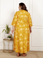 Plus Size Yellow Cotton Blend  Goldn Print  Aline Kurta-4100063