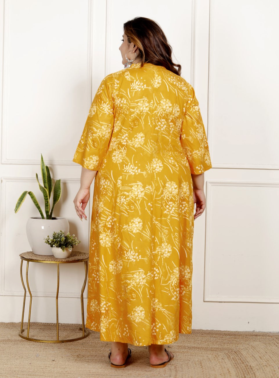 Plus Size Yellow Cotton Blend  Goldn Print  Aline Kurta-4100063