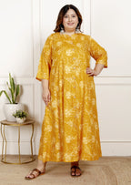 Plus Size Yellow Cotton Blend  Goldn Print  Aline Kurta-4100063