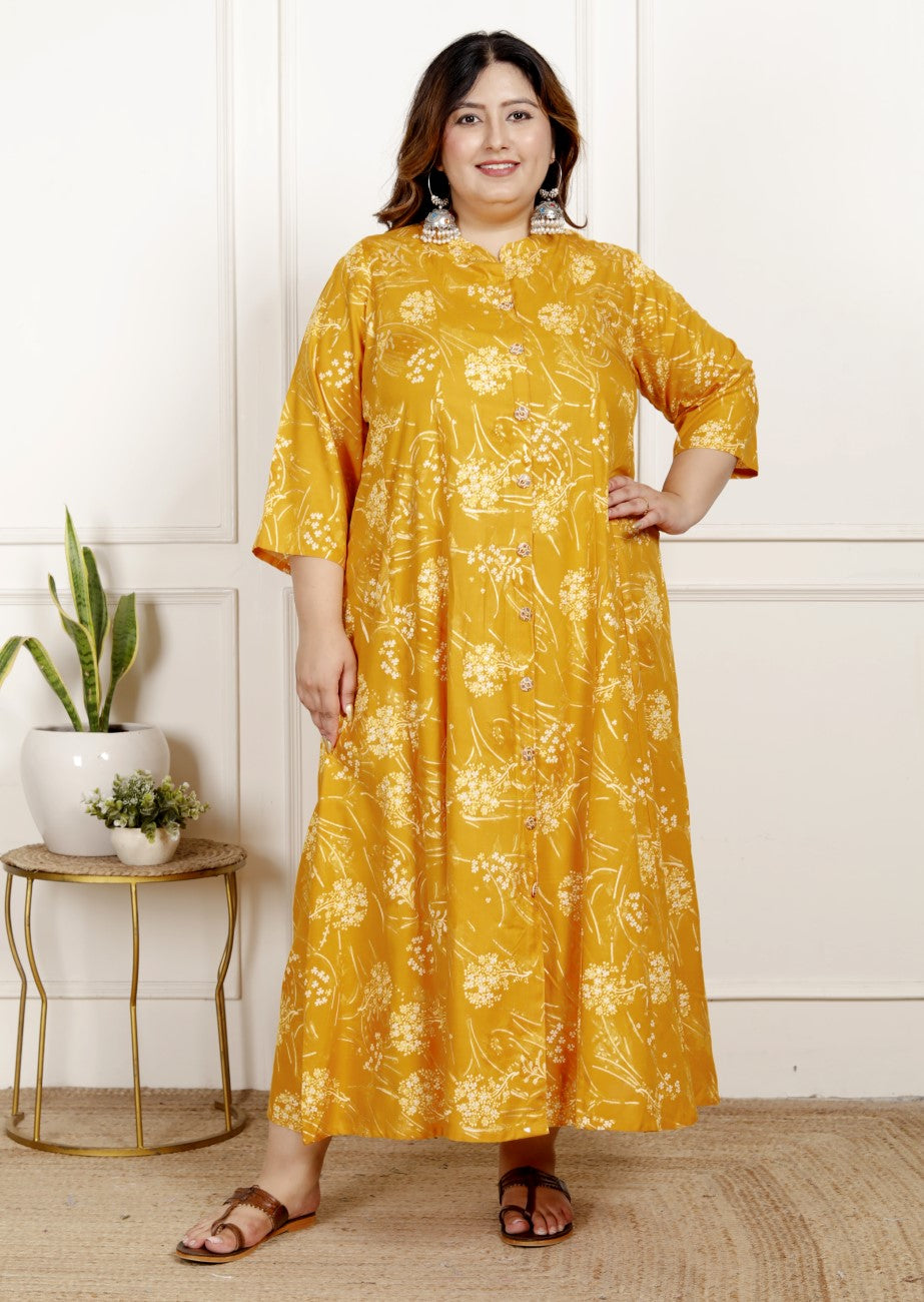Plus Size Yellow Cotton Blend  Goldn Print  Aline Kurta-4100063