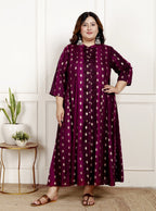Plus Size Maroon Cotton Blend  Goldn Print  Aline Kurta-4100064