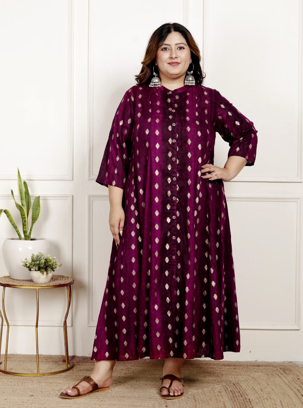 Plus Size Maroon Cotton Blend  Goldn Print  Aline Kurta-4100064