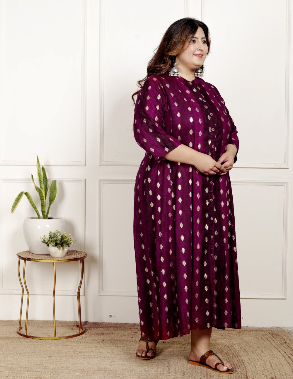 Plus Size Maroon Cotton Blend  Goldn Print  Aline Kurta-4100064