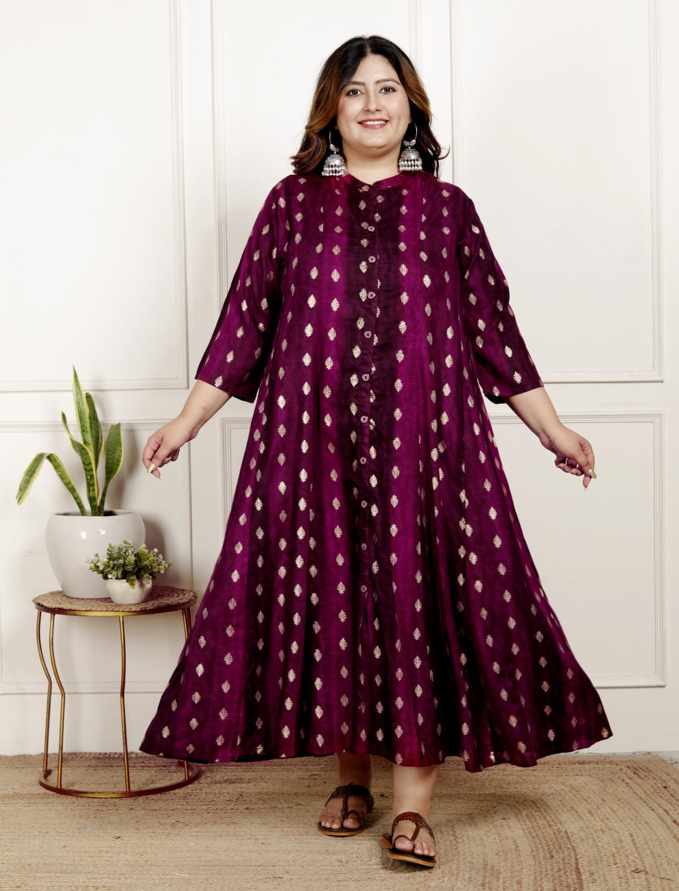 Plus Size Maroon Cotton Blend  Goldn Print  Aline Kurta-4100064 Main image