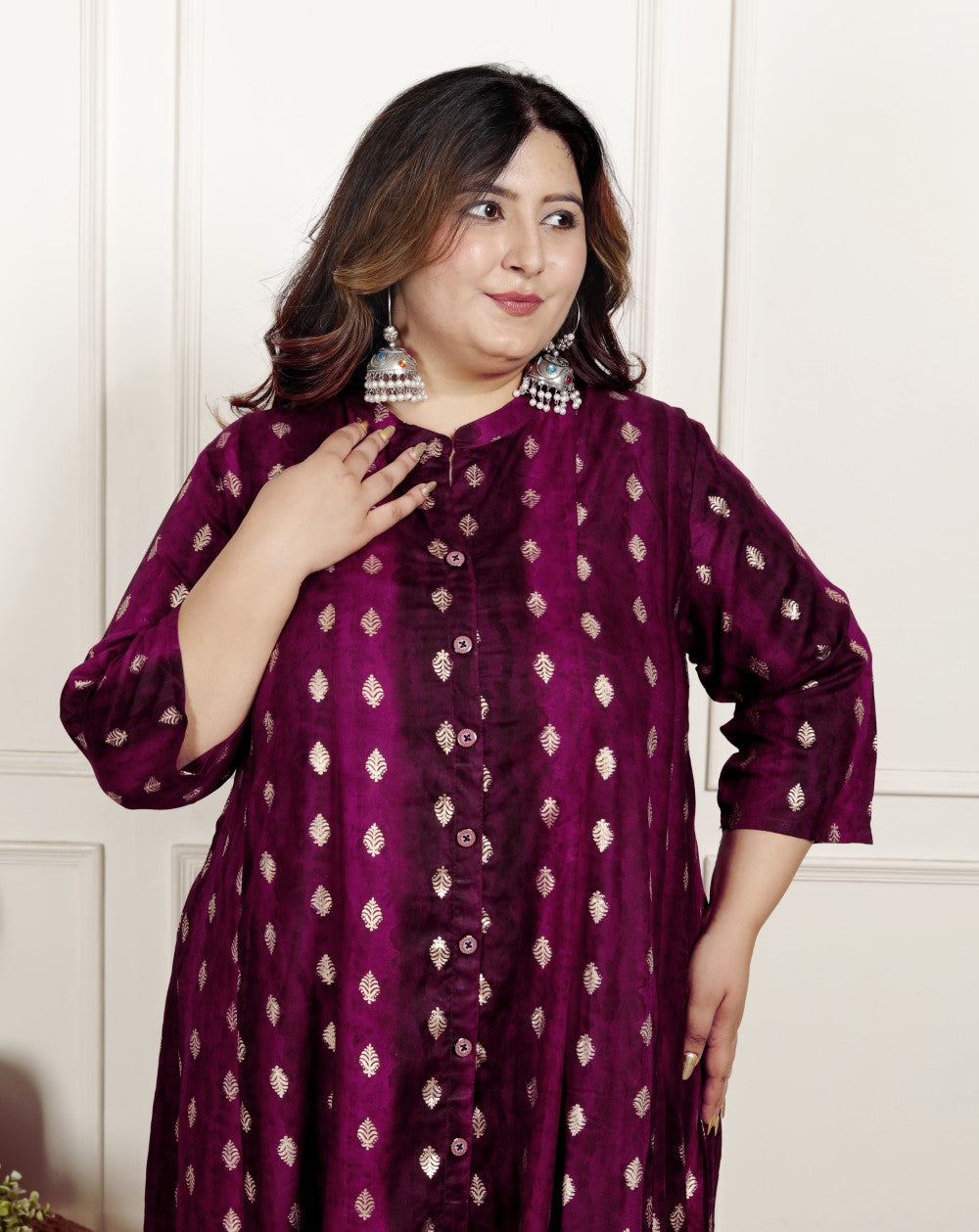 Plus Size Maroon Cotton Blend  Goldn Print  Aline Kurta-4100064