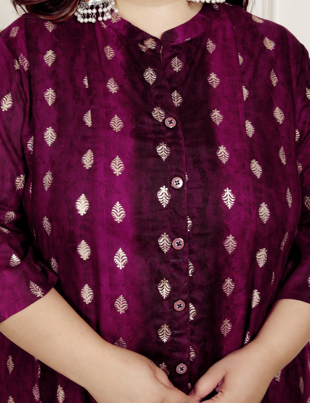 Plus Size Maroon Cotton Blend  Goldn Print  Aline Kurta-4100064