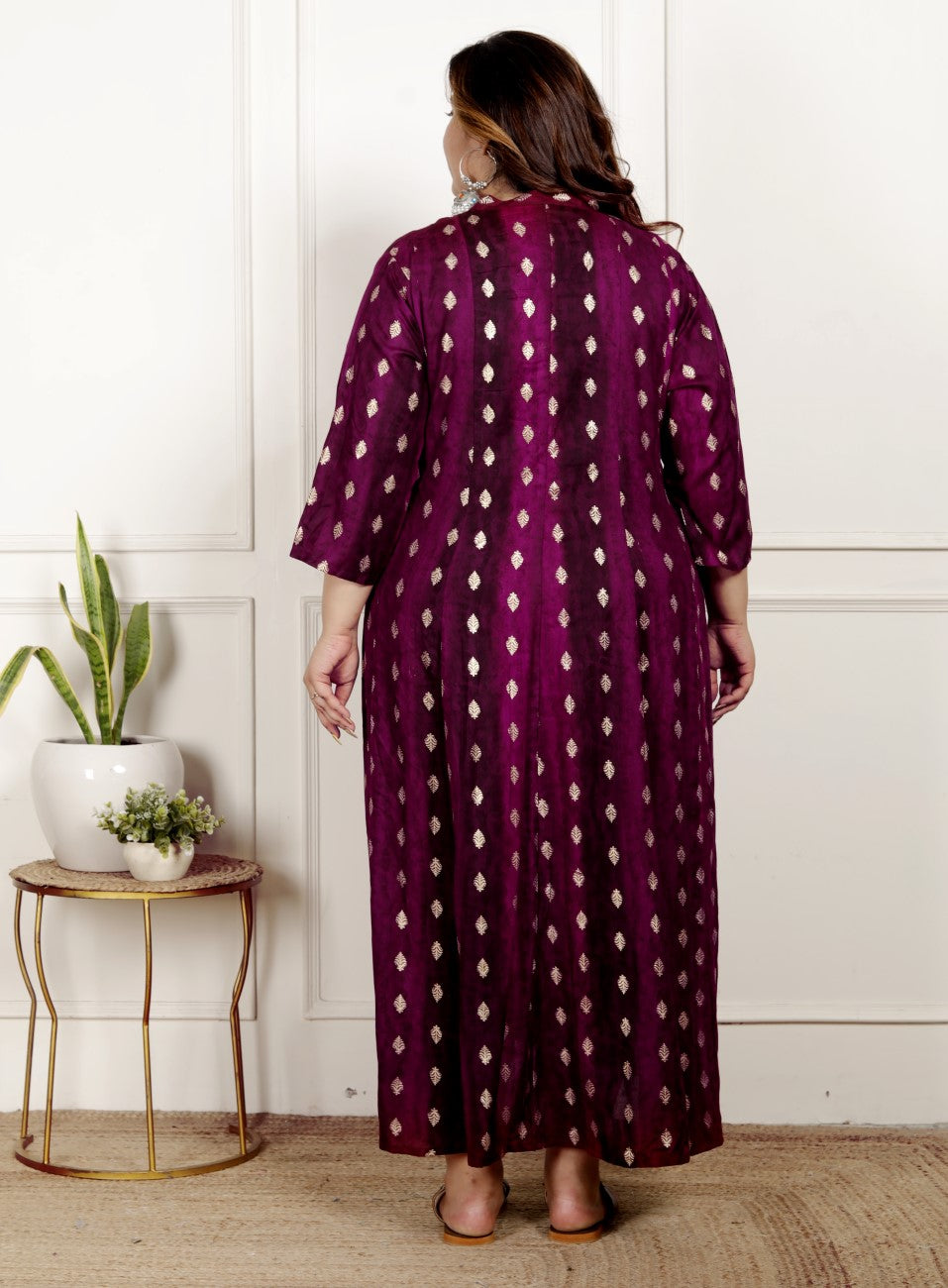 Plus Size Maroon Cotton Blend  Goldn Print  Aline Kurta-4100064