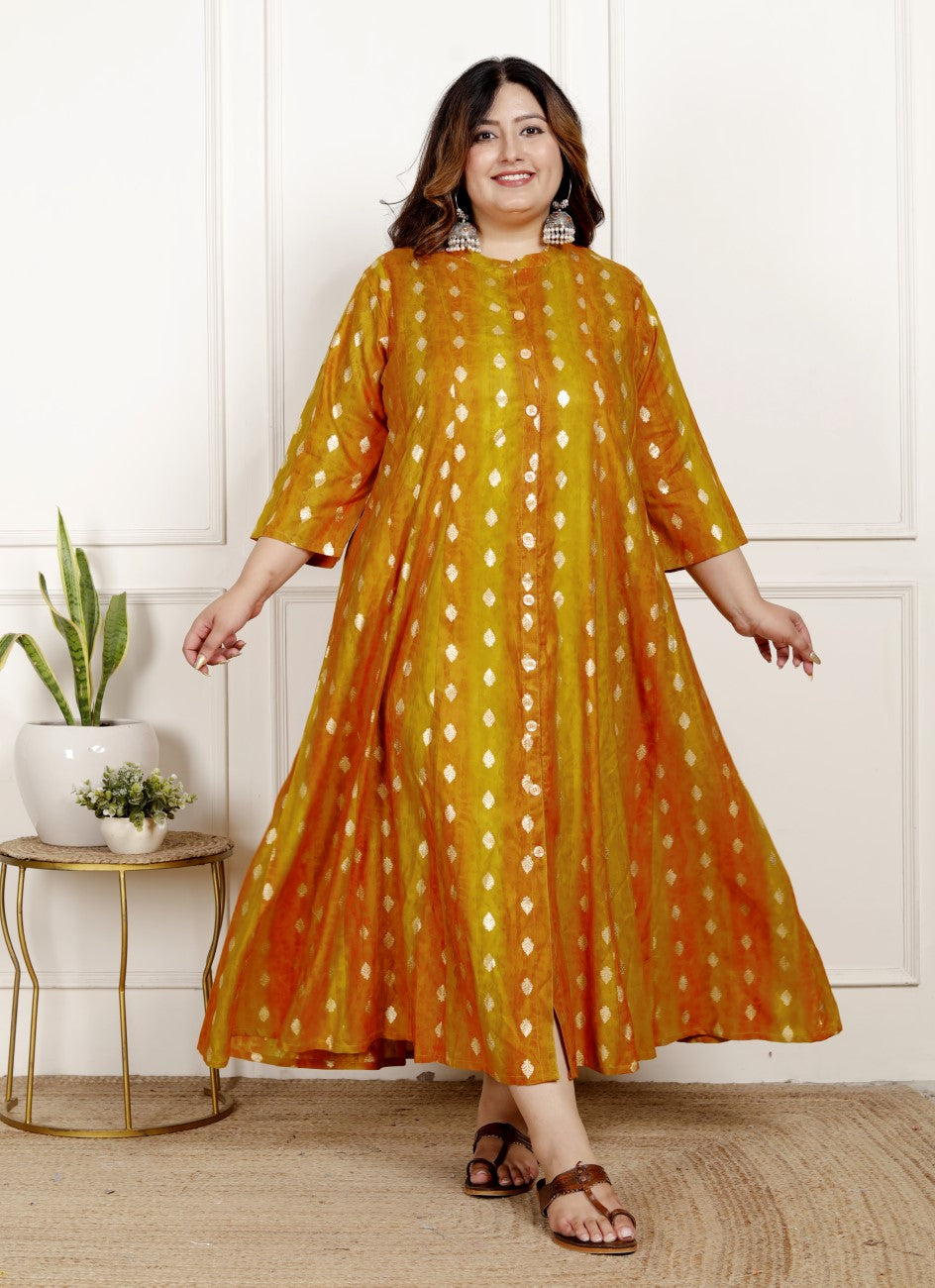 Plus Size Mustard Cotton Blend  Goldn Print  Aline Kurta-4100065 Main image