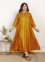 Plus Size Mustard Cotton Blend  Goldn Print  Aline Kurta-4100065