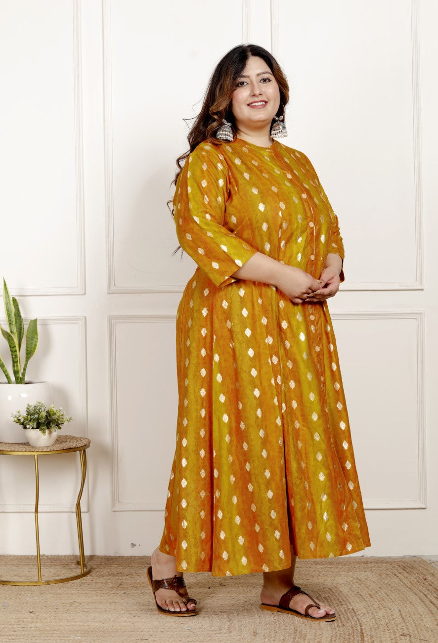 Plus Size Mustard Cotton Blend  Goldn Print  Aline Kurta-4100065