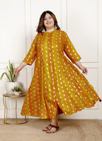 Plus Size Mustard Cotton Blend  Goldn Print  Aline Kurta-4100065