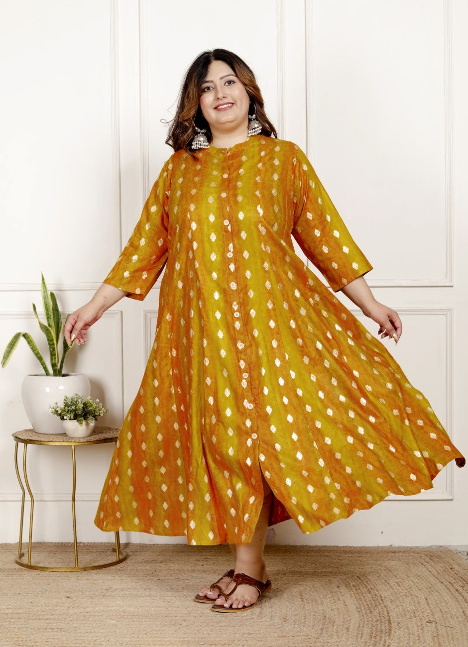 Plus Size Mustard Cotton Blend  Goldn Print  Aline Kurta-4100065