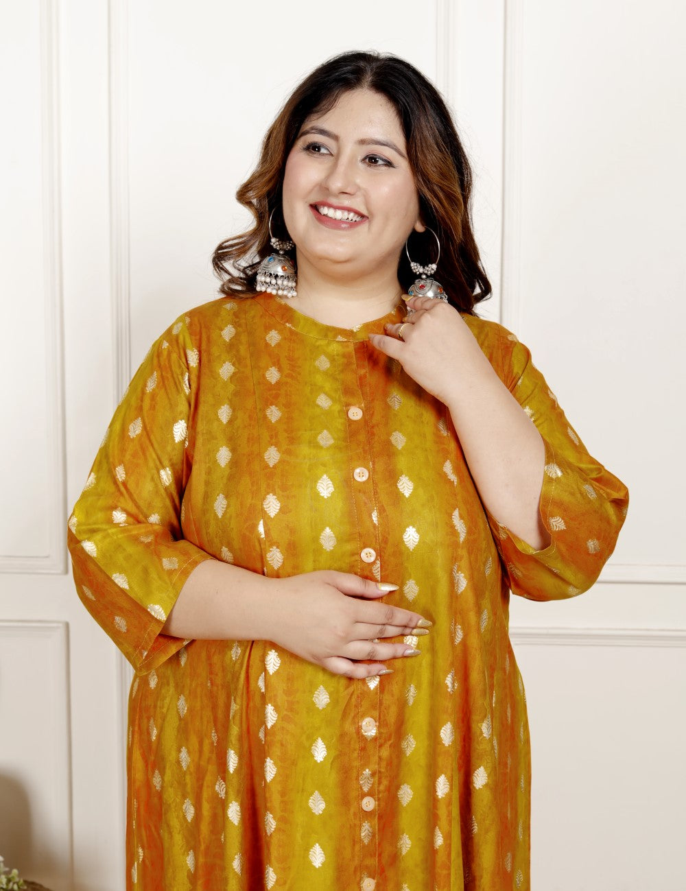 Plus Size Mustard Cotton Blend  Goldn Print  Aline Kurta-4100065