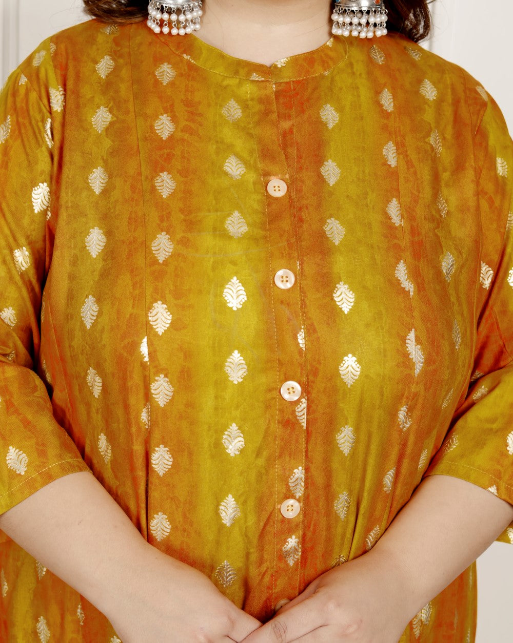 Plus Size Mustard Cotton Blend  Goldn Print  Aline Kurta-4100065
