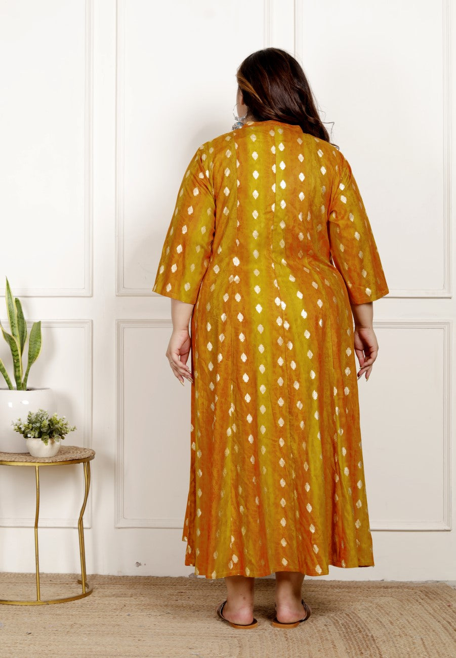 Plus Size Mustard Cotton Blend  Goldn Print  Aline Kurta-4100065