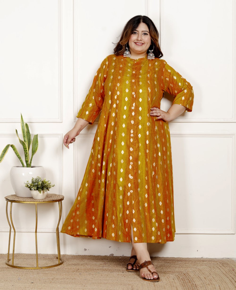 Plus Size Mustard Cotton Blend  Goldn Print  Aline Kurta-4100065