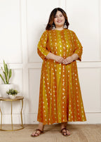 Plus Size Mustard Cotton Blend  Goldn Print  Aline Kurta-4100065