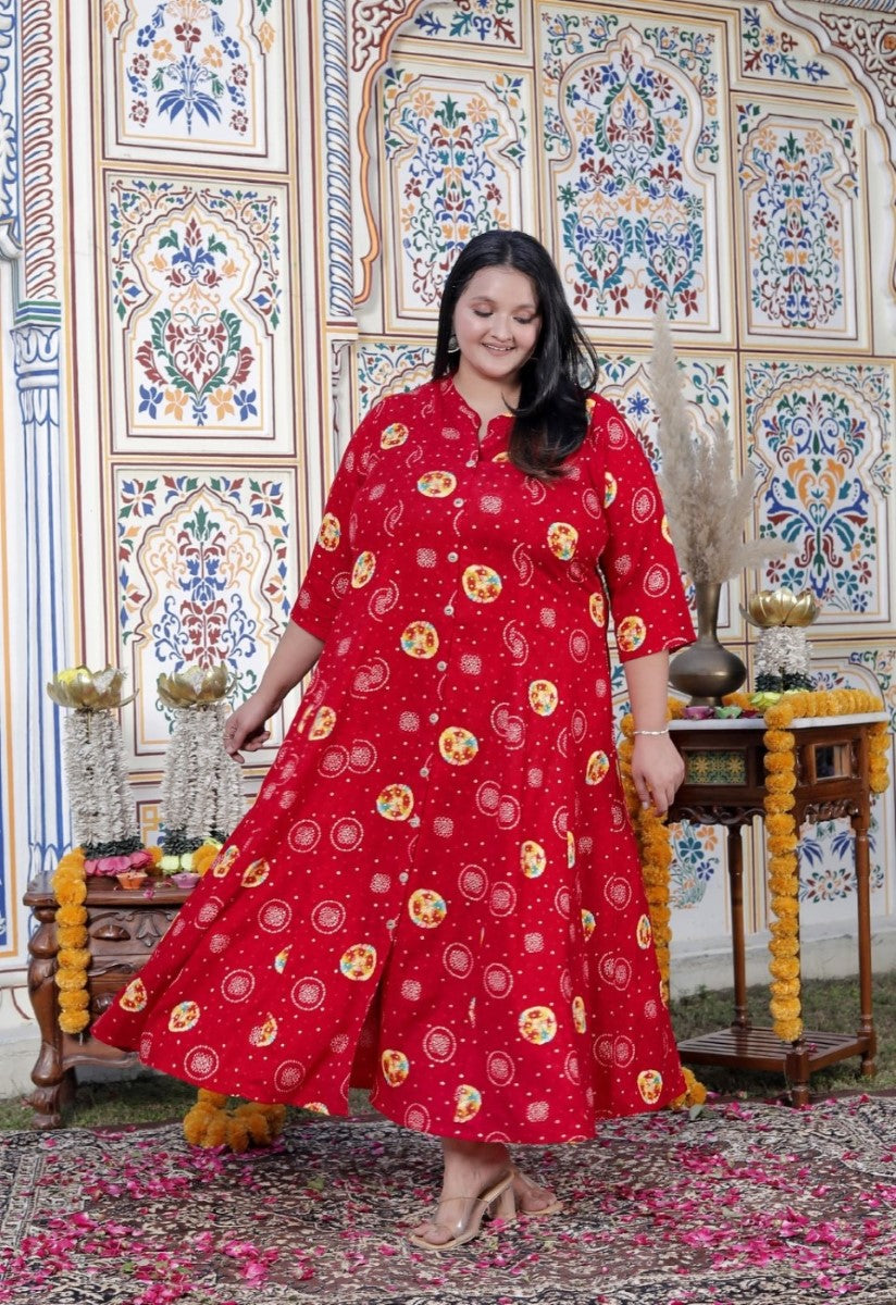 Plus Size Red Cotton Blend  Golden Print  Aline Kurta-410070