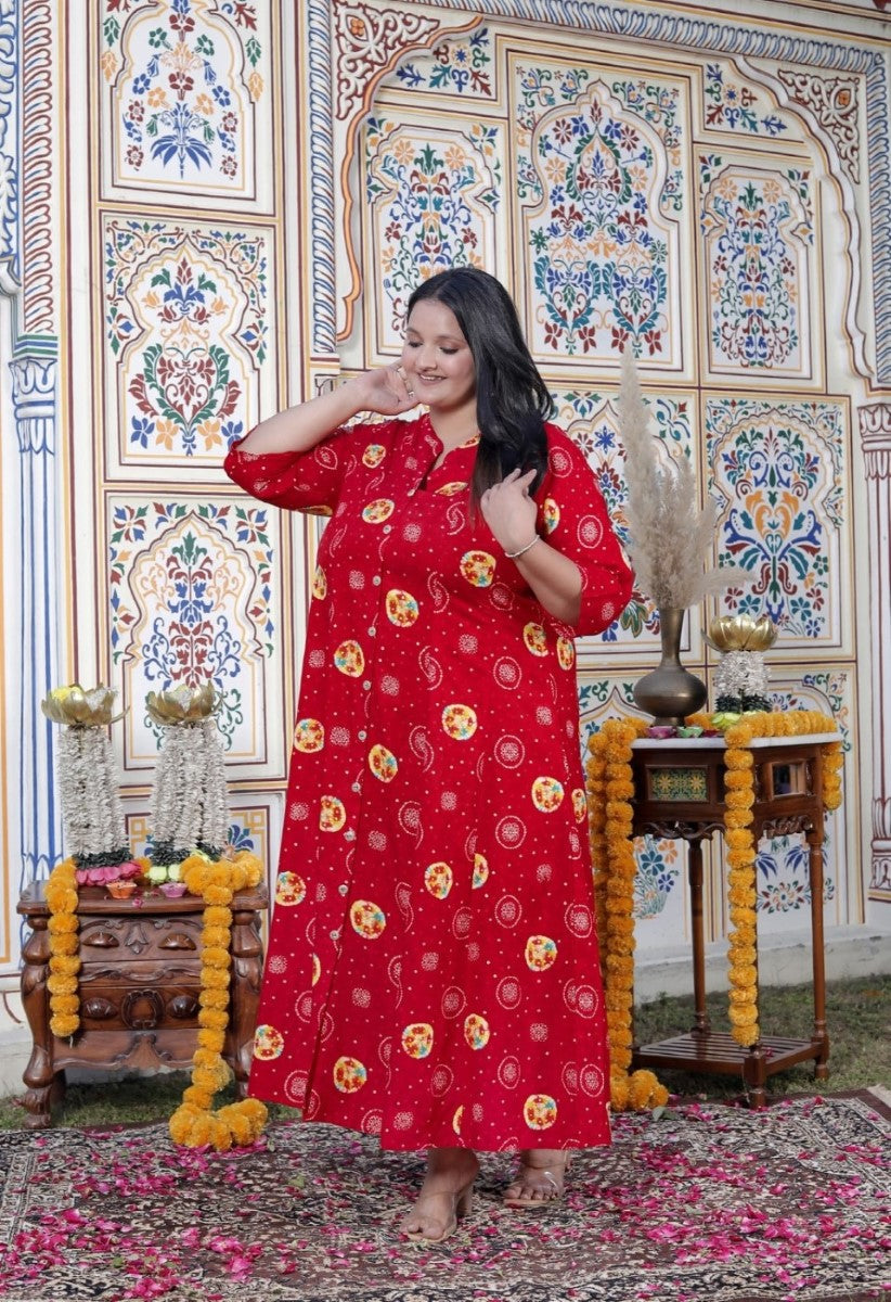 Plus Size Red Cotton Blend  Golden Print  Aline Kurta-410070