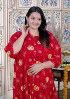 Plus Size Red Cotton Blend  Golden Print  Aline Kurta-410070
