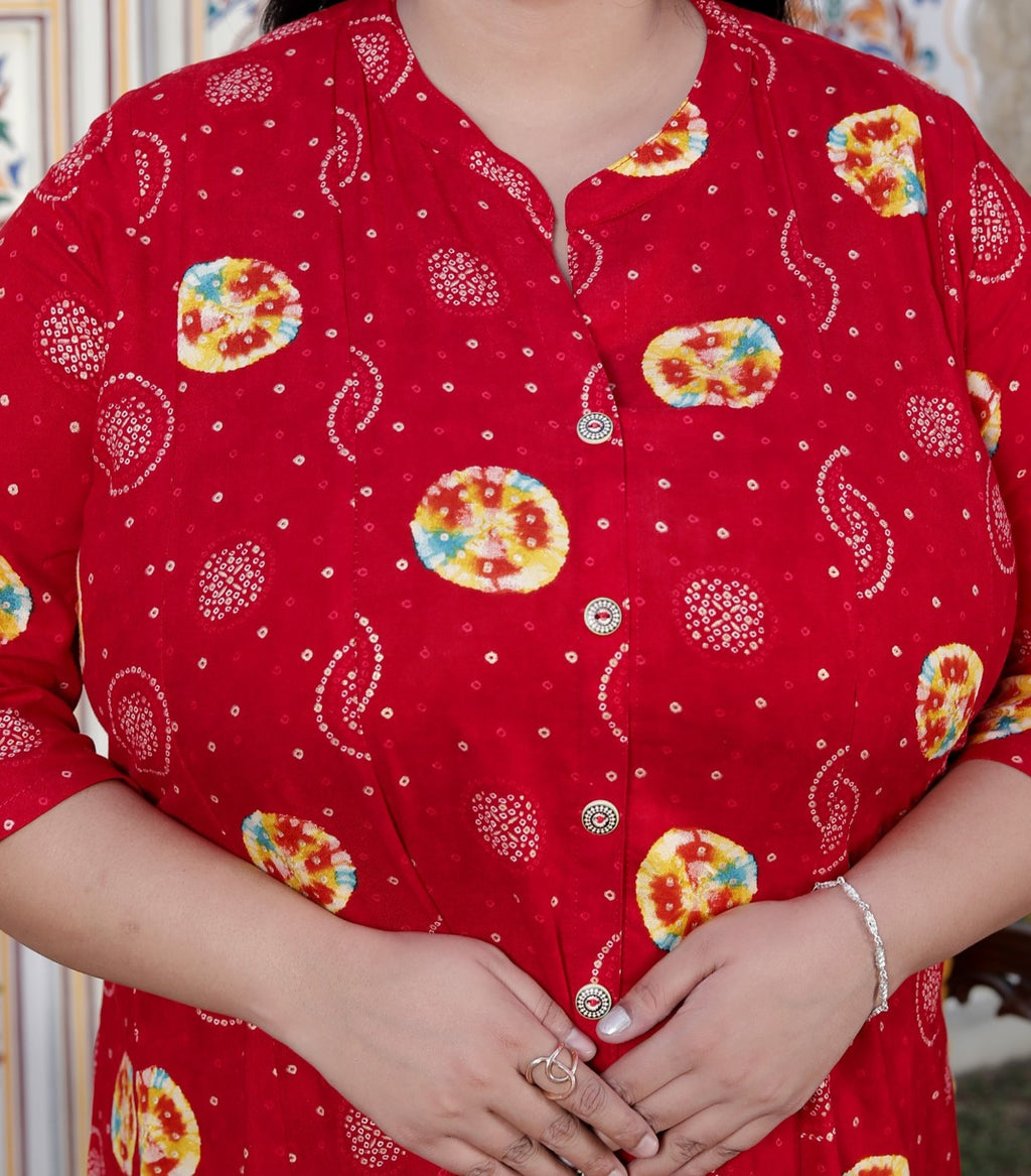 Plus Size Red Cotton Blend  Golden Print  Aline Kurta-410070