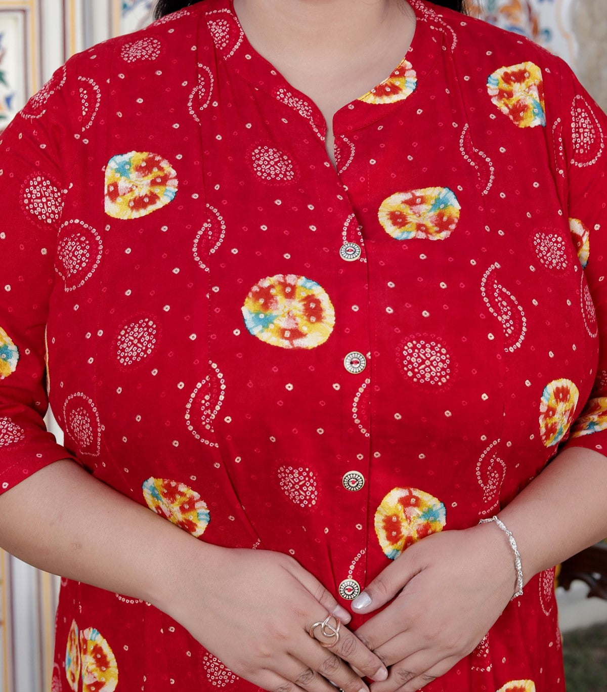 Plus Size Red Cotton Blend  Golden Print  Aline Kurta-410070