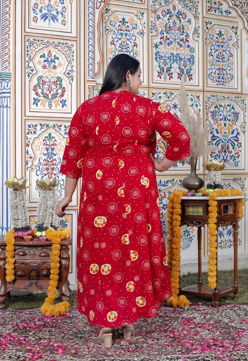 Plus Size Red Cotton Blend  Golden Print  Aline Kurta-410070