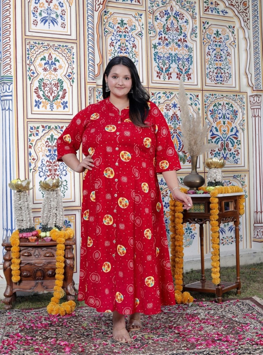 Plus Size Red Cotton Blend  Golden Print  Aline Kurta-410070