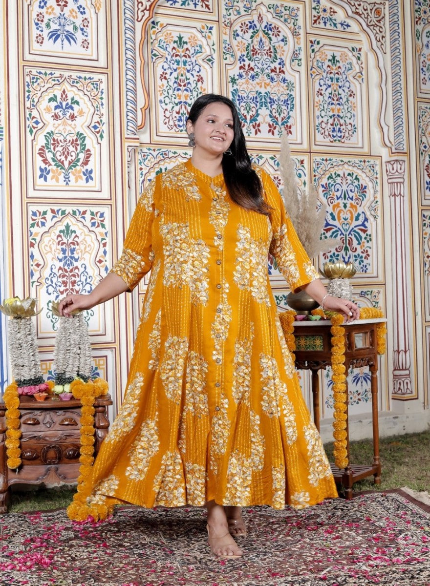 Plus Size Mustard Cotton Blend Golden Print Aline Kurta-410071 Secondary image