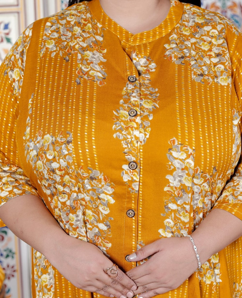 Plus Size Mustard Cotton Blend Golden Print Aline Kurta-410071