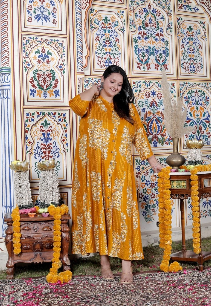 Plus Size Mustard Cotton Blend Golden Print Aline Kurta-410071