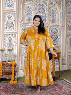 Plus Size Mustard Cotton Blend Golden Print Aline Kurta-410071