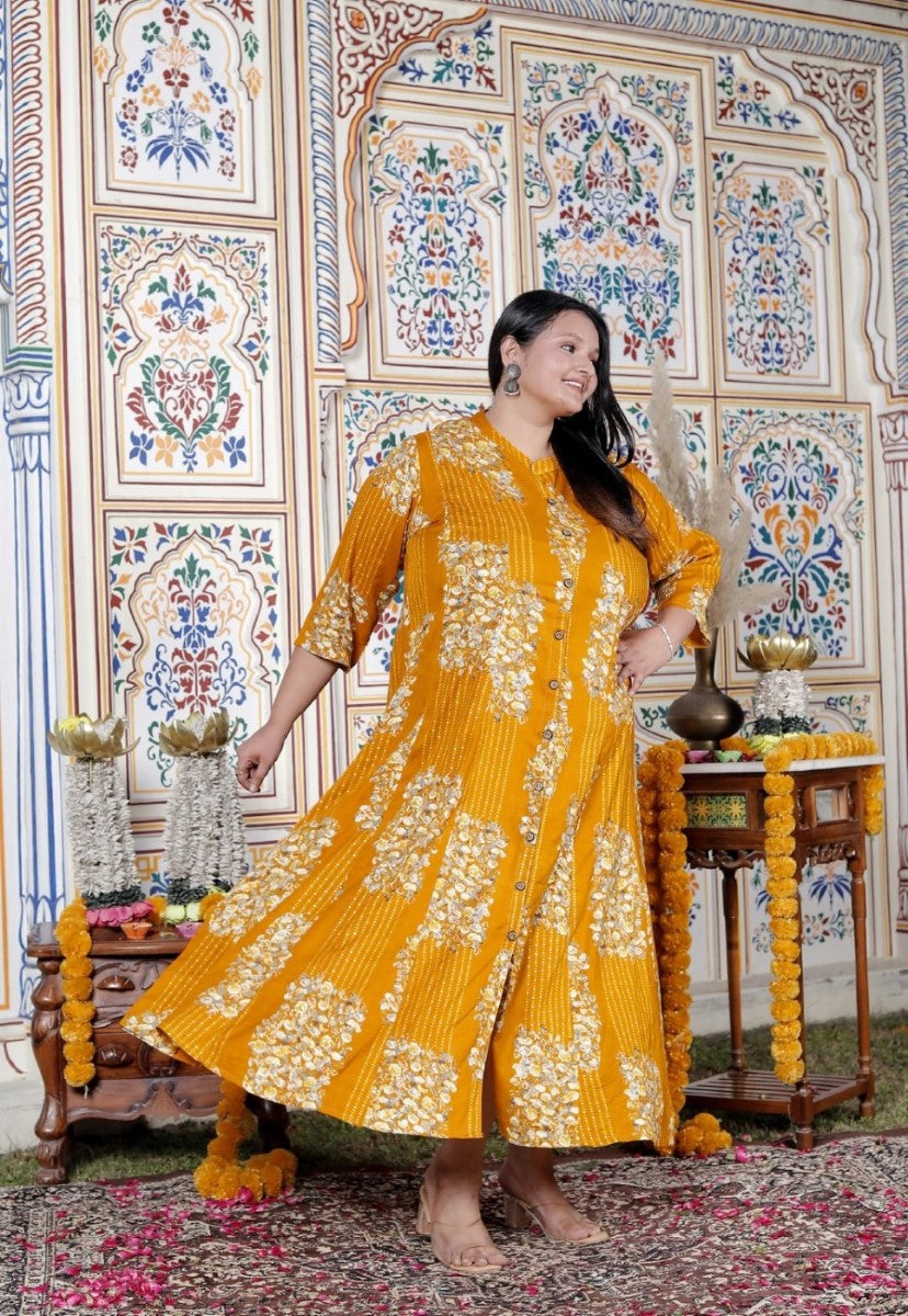Plus Size Mustard Cotton Blend Golden Print Aline Kurta-410071