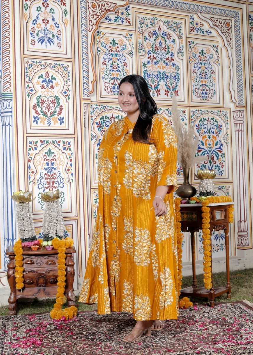 Plus Size Mustard Cotton Blend Golden Print Aline Kurta-410071