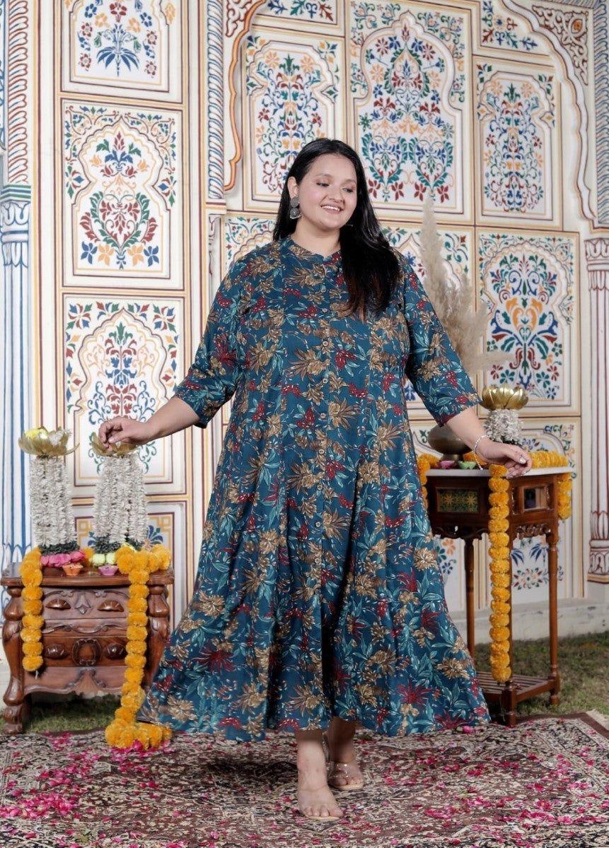 Plus Size Teal Blue Cotton Blend Golden Print Aline Kurta-410072 Secondary image