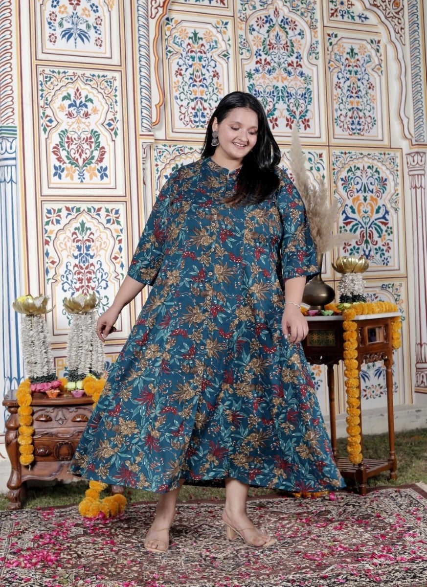 Plus Size Teal Blue Cotton Blend Golden Print Aline Kurta-410072