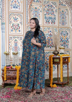 Plus Size Teal Blue Cotton Blend Golden Print Aline Kurta-410072